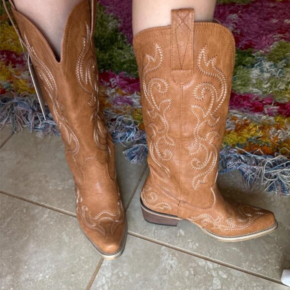 🆕Women Brown Synthetic Leathers Cowgirl Chunky Heel Snip Toe Mid-Calf Boots - Picture 3 of 11